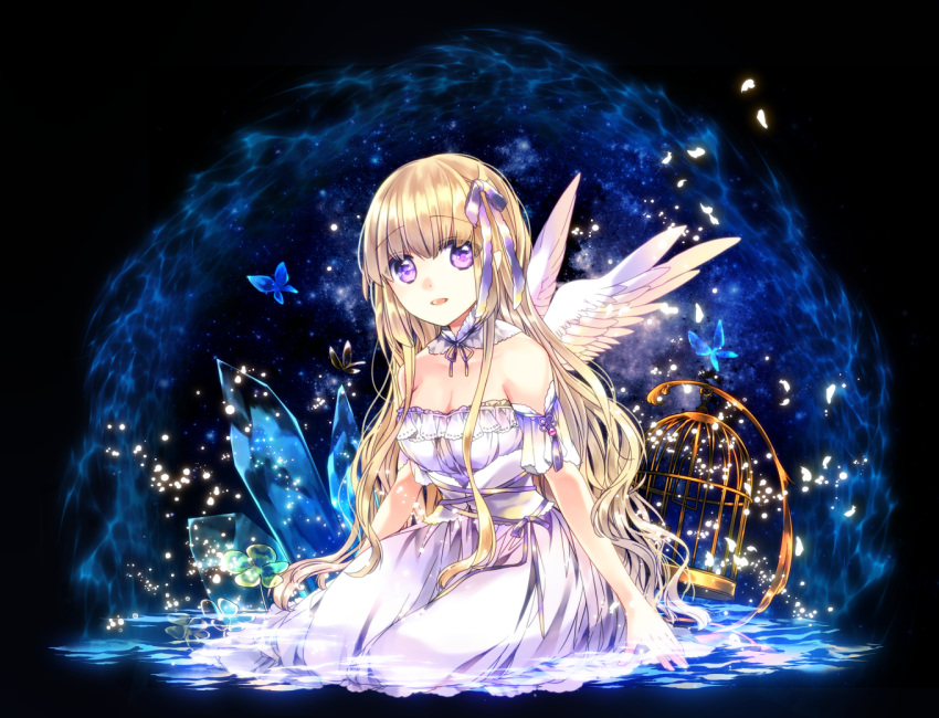 1girl angel_wings bangs birdcage blonde_hair breasts bug butterfly cage cleavage clover commentary_request crystal detached_collar detached_sleeves dress eyebrows_visible_through_hair feathered_wings four-leaf_clover hair_ribbon head_tilt in_water insect kano_(pixiv271651) light_particles long_hair looking_at_viewer medium_breasts mixed-language_commentary night night_sky parted_lips petals pixiv_fantasia pixiv_fantasia_last_saga pointy_ears purple_ribbon ribbon shiny shiny_hair sky solo star_(sky) starry_sky strapless strapless_dress very_long_hair violet_eyes white_dress wings