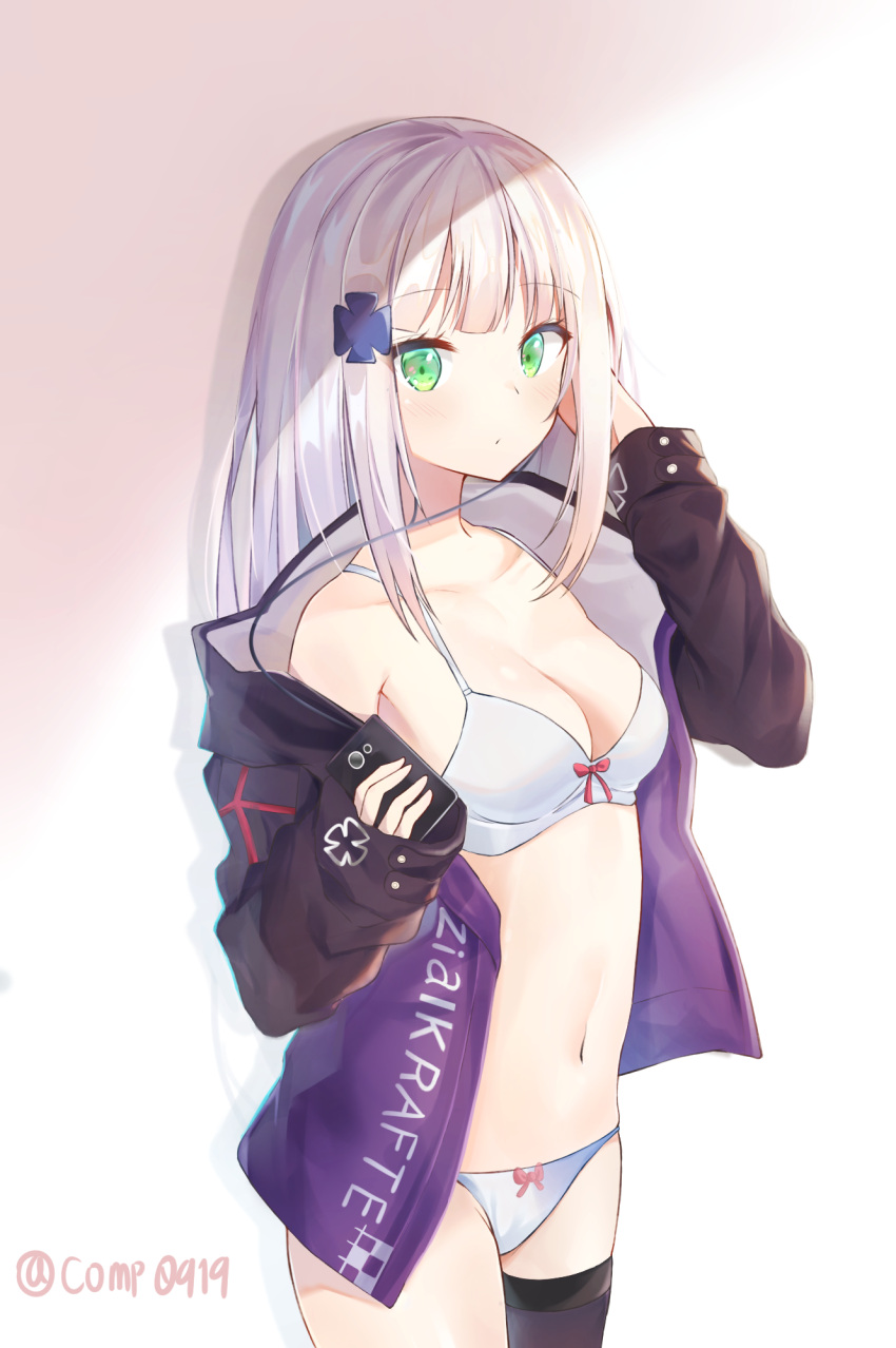 1girl asymmetrical_legwear bangs bare_shoulders black_legwear blush bow bow_bra bow_panties bra breasts cellphone cleavage closed_mouth collarbone commentary cowboy_shot ds_a eyebrows_visible_through_hair girls_frontline green_eyes hair_ornament highres hk416_(girls_frontline) holding holding_cellphone holding_phone jacket long_hair long_sleeves looking_at_viewer navel off_shoulder open_clothes open_jacket panties phone purple_jacket silver_hair single_thighhigh sleeves_past_wrists small_breasts solo thigh-highs twitter_username underwear white_bra white_panties