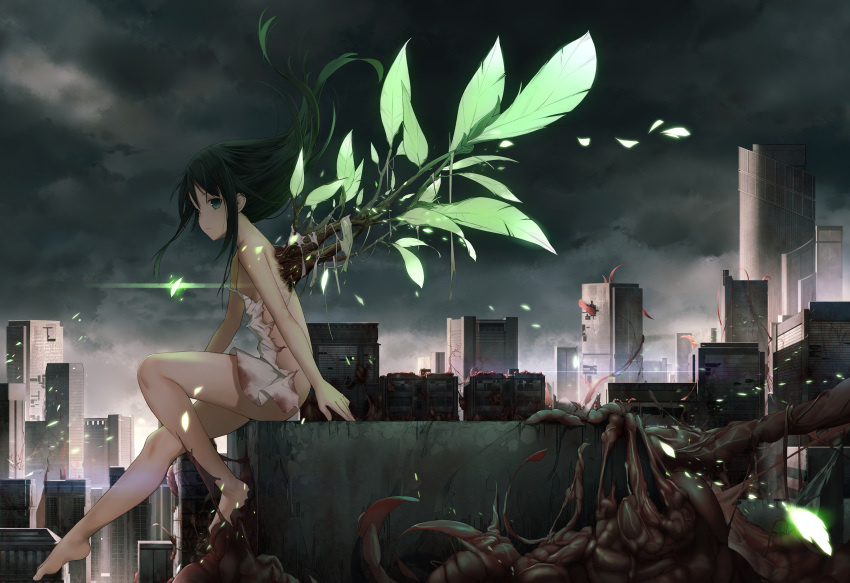 1girl absurdres backlighting bare_arms bare_legs bare_shoulders barefoot black_hair blood bloody_clothes breasts building cg_(2686805355) city clouds cloudy_sky commentary_request dress floating_hair from_side full_body glowing green_eyes green_wings highres leaf long_hair looking_at_viewer looking_to_the_side outdoors saya saya_no_uta sideboob sitting sky small_breasts solo torn_clothes torn_dress white_dress wind wings