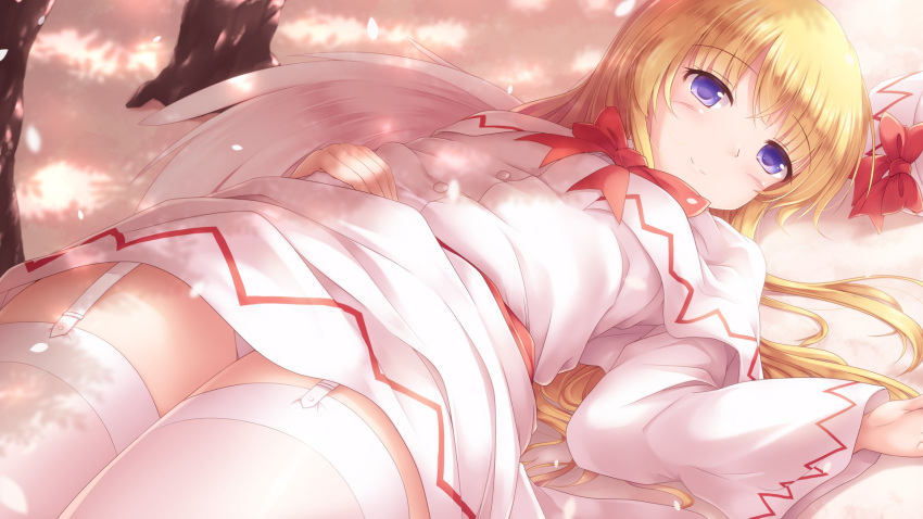 1girl blonde_hair blue_eyes blush bow breasts capelet commentary_request dappled_sunlight day dress eyebrows_visible_through_hair feathered_wings garter_straps hand_on_own_stomach headwear_removed highres lily_white long_hair long_sleeves looking_at_viewer lying lzh on_back on_ground outdoors panties pantyshot pantyshot_(lying) red_neckwear small_breasts smile solo sunlight thigh-highs thighs touhou tree underwear very_long_hair white_dress white_legwear white_panties wings