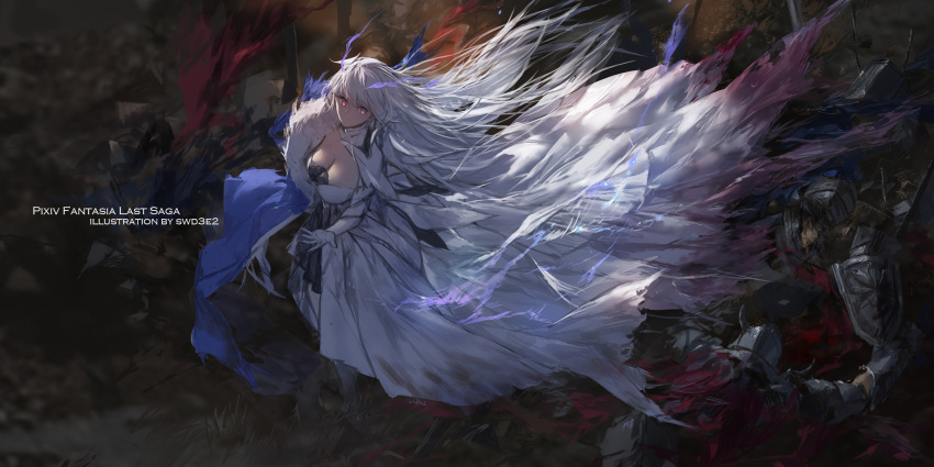 1girl armor aura bangs breasts cleavage dress elbow_gloves from_above fur_trim gloves highres knight large_breasts long_hair long_skirt original pink_eyes pixiv_fantasia pixiv_fantasia_last_saga silver_hair skirt soldier swd3e2 very_long_hair white_dress