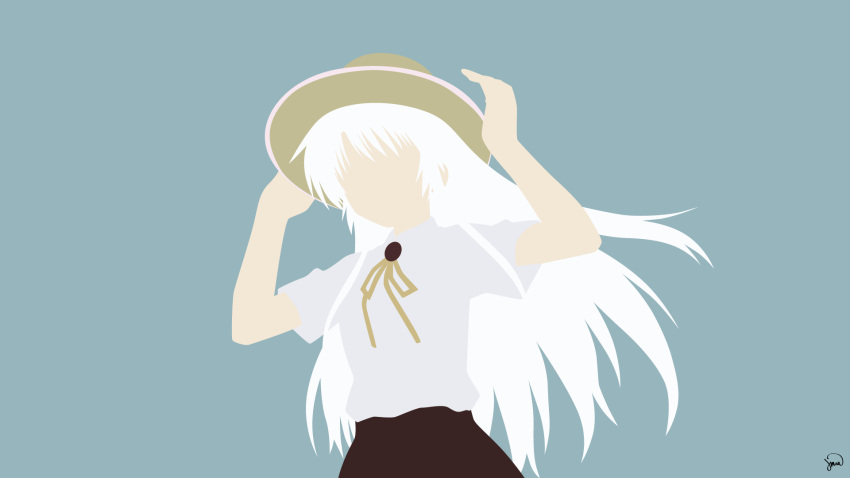 1girl angel_beats! artist_name bangs bare_arms black_skirt blue_background commentary english_commentary from_below greenmapple17 hat headgear headwear highres holding holding_hat key_(company) long_hair minimalism no_eyes ribbon school_uniform shirt short_sleeves signature silver_hair simple_background skirt solo tachibana_kanade upper_body vector_art vector_trace wallpaper watermark white_shirt
