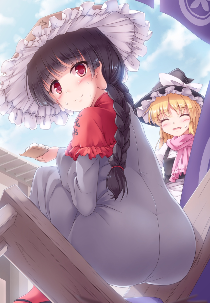 2girls ajirogasa apron ass bangs bench black_footwear black_hair black_vest blonde_hair blue_sky blush braid braided_ponytail broken capelet closed_eyes clothes_writing clouds commentary_request dango day dress earlobes embarrassed eyebrows_visible_through_hair food grey_dress hat high_collar highres holding holding_food kirisame_marisa long_sleeves looking_at_viewer looking_back looking_down lzh multiple_girls outdoors parted_lips pink_scarf red_eyes red_legwear sandals scarf shirt sky standing sweat touhou twin_braids vest wagashi waist_apron wavy_mouth weight_conscious white_shirt witch_hat yatadera_narumi