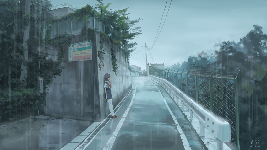 1girl against_wall bangs black_hair blue_skirt building chain-link_fence clannad commentary_request fence fujibayashi_kyou grey_sky hand_on_own_chest highres long_hair making-of_available outdoors plant power_lines rain road sailor_collar scenery school_uniform serafuku short_sleeves skirt solo street suspender_skirt suspenders telephone_pole thigh-highs very_long_hair vines wet wet_clothes white_legwear wide_shot xiaobanbei_milk zettai_ryouiki