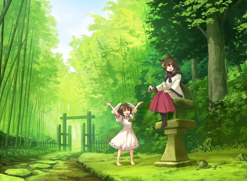 2girls :d ^_^ absurdres animal_ears arms_up azumi_(madogiwa_bocchi_seki) bamboo bamboo_forest bangs barefoot black_footwear black_hair blouse blue_sky boots brooch bush carrot_necklace closed_eyes closed_eyes commentary_request day dress food forest full_body grass highres holding holding_food imaizumi_kagerou inaba_tewi jewelry long_hair long_sleeves looking_at_another multiple_girls nature onigiri open_mouth outdoors path puffy_short_sleeves puffy_sleeves rabbit_ears red_eyes red_skirt road rock short_hair short_sleeves sitting skirt sky smile touhou tree very_long_hair white_blouse white_dress wide_sleeves wolf_ears