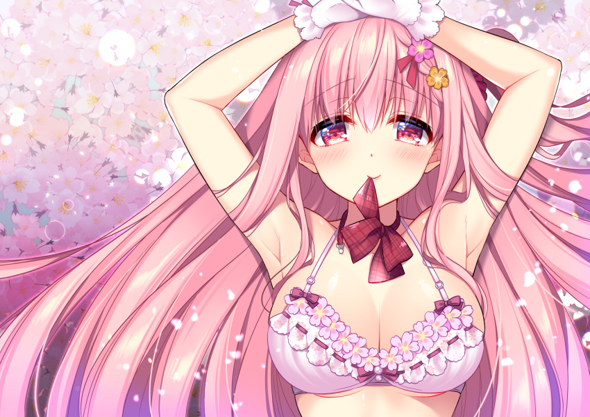 1girl armpits arms_up bangs blush bow bowtie bra breasts cherry_blossoms cleavage commentary_request day eyebrows_visible_through_hair floating_hair gloves hair_ornament hair_scrunchie hairclip highres large_breasts long_hair looking_at_viewer loose_neckwear miharu_(ringo_sui) one_side_up original outdoors petals pink_bra pink_hair pink_scrunchie red_neckwear ringo_sui scrunchie sidelocks solo underwear upper_body very_long_hair white_gloves