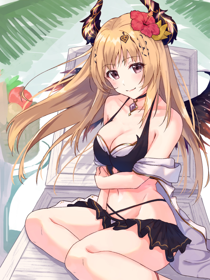 1girl amethyst_(gemstone) apple arm_across_waist arm_at_side bangs bare_shoulders bikini bikini_skirt black_bikini black_choker black_wings blonde_hair blush breasts chair choker cleavage closed_mouth collarbone commentary_request day eyebrows_visible_through_hair feet_out_of_frame flower food fruit gem granblue_fantasy hair_flower hair_ornament hand_on_own_arm hibiscus highres horns jewelry long_hair looking_at_viewer lounge_chair medium_breasts navel off_shoulder olivia_(fire_emblem) outdoors palm_leaf pendant pink_flower sitting smile solo swimsuit tsukiman very_long_hair violet_eyes wings yokozuwari