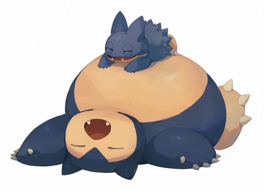 2others bluekomadori creatures_(company) game_freak gen_1_pokemon gen_4_pokemon munchlax nintendo no_humans pokemon simple_background sleeping snorlax tagme white_background