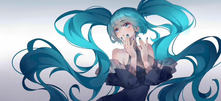 1girl absurdres black_dress blue_eyes blue_hair blue_nails breasts commentary dress eyebrows_visible_through_hair finger_to_mouth fingernails frilled_sleeves frills gradient gradient_background grey_background hatsune_miku highres huge_breasts long_hair looking_away muta_(csw) nail_polish parted_lips see-through simple_background sleeveless solo twintails upper_body very_long_hair vocaloid white_background wide_sleeves