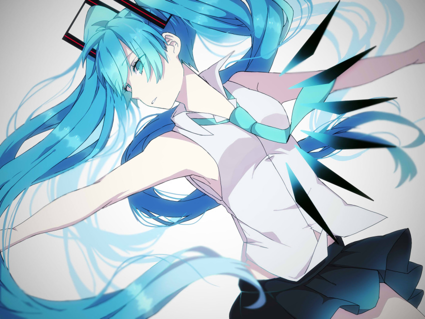 1girl armpits black_skirt blue_eyes blue_hair blue_neckwear breasts eiku expressionless gradient grey_background half-closed_eyes hatsune_miku highres long_hair looking_at_viewer medium_breasts necktie outstretched_arms rhombus shirt simple_background skirt sleeveless sleeveless_shirt solo thighs twintails upper_body very_long_hair vocaloid white_shirt
