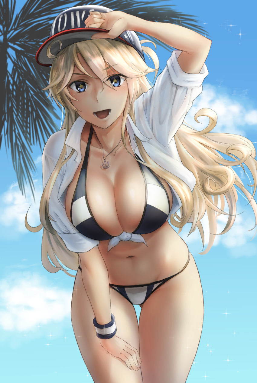 1girl alternate_costume baseball_cap bikini blonde_hair blue_bikini blue_eyes breasts clouds cowboy_shot day front-tie_top hair_between_eyes hat highres iowa_(kantai_collection) kantai_collection kokuzoo large_breasts leaning_forward looking_at_viewer multicolored multicolored_bikini multicolored_clothes navel open_mouth outdoors palm_tree shirt short_sleeves sky solo star star-shaped_pupils swimsuit symbol-shaped_pupils tied_shirt tree white_bikini white_shirt