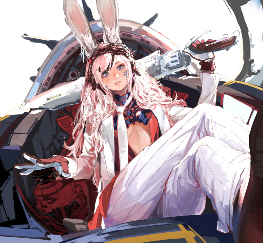 1girl animal_ears bangs blue_eyes breasts business_suit center_opening commentary_request dutch_angle facial_mark feet_out_of_frame final_fantasy final_fantasy_xiv foreshortening formal gloves gun gunblade hairband hand_up highres holding holding_gun holding_sword holding_weapon jacket kiriyama legs_crossed lips long_hair long_sleeves looking_at_viewer necktie open_clothes open_jacket over_shoulder pant_suit pants parted_lips rabbit_ears shoe_soles shoes sitting solo stomach suit suit_jacket swept_bangs sword sword_over_shoulder viera weapon weapon_over_shoulder white_hair white_jacket white_neckwear white_pants