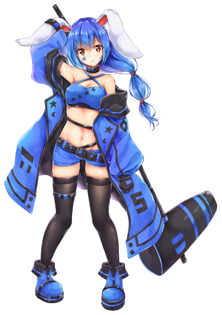 1girl absurdres akiteru98 alternate_costume alternate_hairstyle animal_ears arm_up bandeau bangs bare_shoulders belt black_belt black_collar black_legwear blue_coat blue_footwear blue_hair blue_shorts boots breasts cleavage coat collar commentary_request crescent_print criss-cross_halter eyebrows_visible_through_hair facial_mark full_body hair_between_eyes halterneck highres holding holding_mallet kine long_hair long_sleeves low-tied_long_hair medium_breasts midriff navel off_shoulder open_clothes open_coat parted_lips rabbit_ears red_eyes seiran_(touhou) short_shorts shorts sidelocks simple_background skindentation solo standing star star_print stomach thigh-highs thigh_strap thighs touhou white_background wide_sleeves