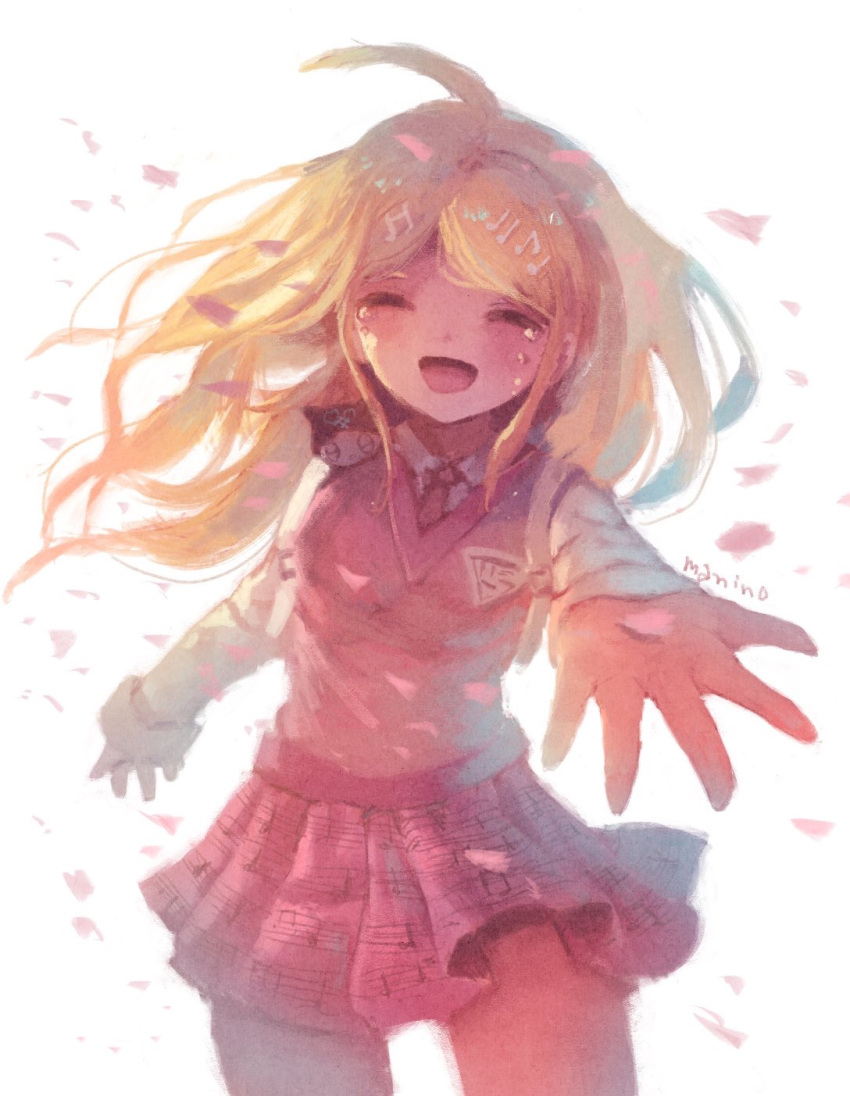 1girl ahoge akamatsu_kaede blonde_hair closed_eyes commentary_request crying dangan_ronpa highres long_hair long_sleeves manino_(mofuritaionaka) musical_note musical_note_hair_ornament musical_note_print new_dangan_ronpa_v3 open_mouth outstretched_arm petals pleated_skirt print_skirt reaching_out shirt signature skirt smile solo staff_(music) sweater_vest tears white_background white_shirt