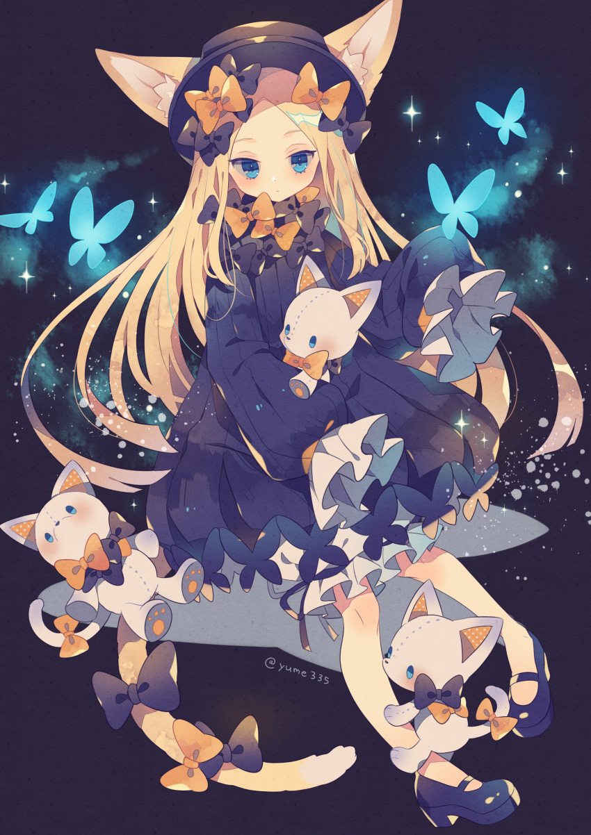 1girl abigail_williams_(fate/grand_order) absurdres animal_ears black_background black_bow black_dress black_headwear blonde_hair blue_footwear bow bug butterfly cat_day cat_ears cat_tail commentary_request dress fate/grand_order fate_(series) frilled_sleeves frills highres insect kemonomimi_mode long_hair mary_janes orange_bow shoes sleeves_past_wrists solo stuffed_animal stuffed_cat stuffed_toy tail tail_bow twitter_username white_bloomers yumenouchi_chiharu