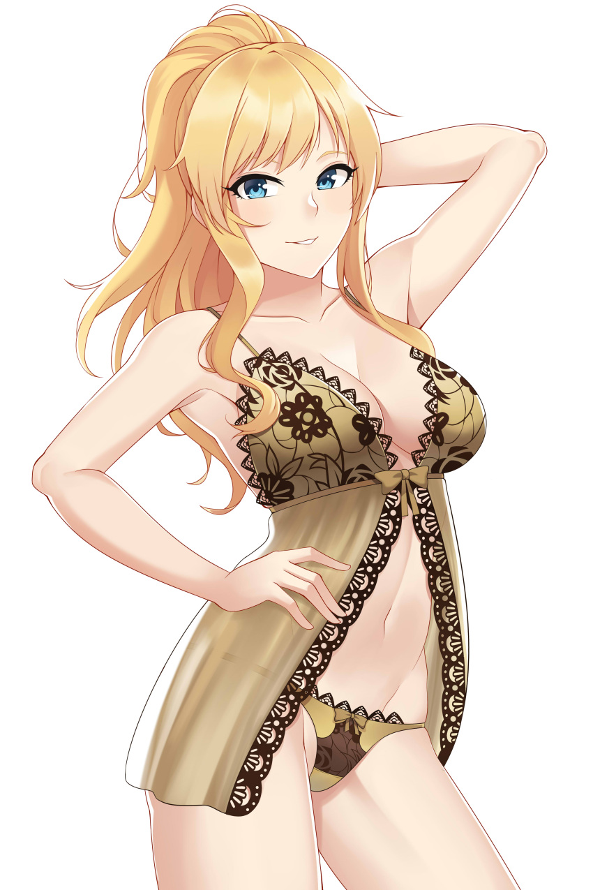 1girl absurdres arm_up armpits aslindsamure babydoll bangs blonde_eyebrows blonde_hair blue_eyes blush breasts cleavage collarbone contrapposto cowboy_shot eyebrows_visible_through_hair groin hair_between_eyes hand_behind_head hand_on_hip highres idolmaster idolmaster_cinderella_girls lace-trimmed_babydoll large_breasts lingerie long_hair looking_at_viewer medium_breasts navel ootsuki_yui paid_reward panties parted_lips patreon_reward ponytail sidelocks simple_background smile solo stomach tareme underwear underwear_only wavy_hair white_background
