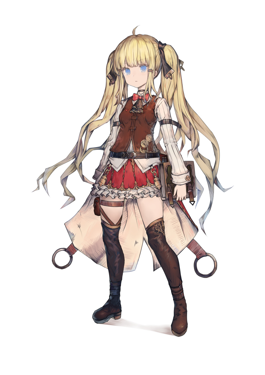 1girl absurdres ahoge ascot bangs belt belt_buckle blonde_hair blue_eyes book boots bow bowtie breasts brown_belt brown_bow brown_footwear brown_legwear brown_neckwear brown_vest buckle eyebrows_visible_through_hair frilled_skirt frills full_body hair_bow highres holding holding_book long_hair long_sleeves looking_at_viewer original parted_lips red_neckwear red_skirt ribbed_shirt shirt skirt small_breasts solo standing thigh-highs thigh_boots transparent_background tsubaki_(yi) twintails v-shaped_eyebrows very_long_hair vest white_shirt