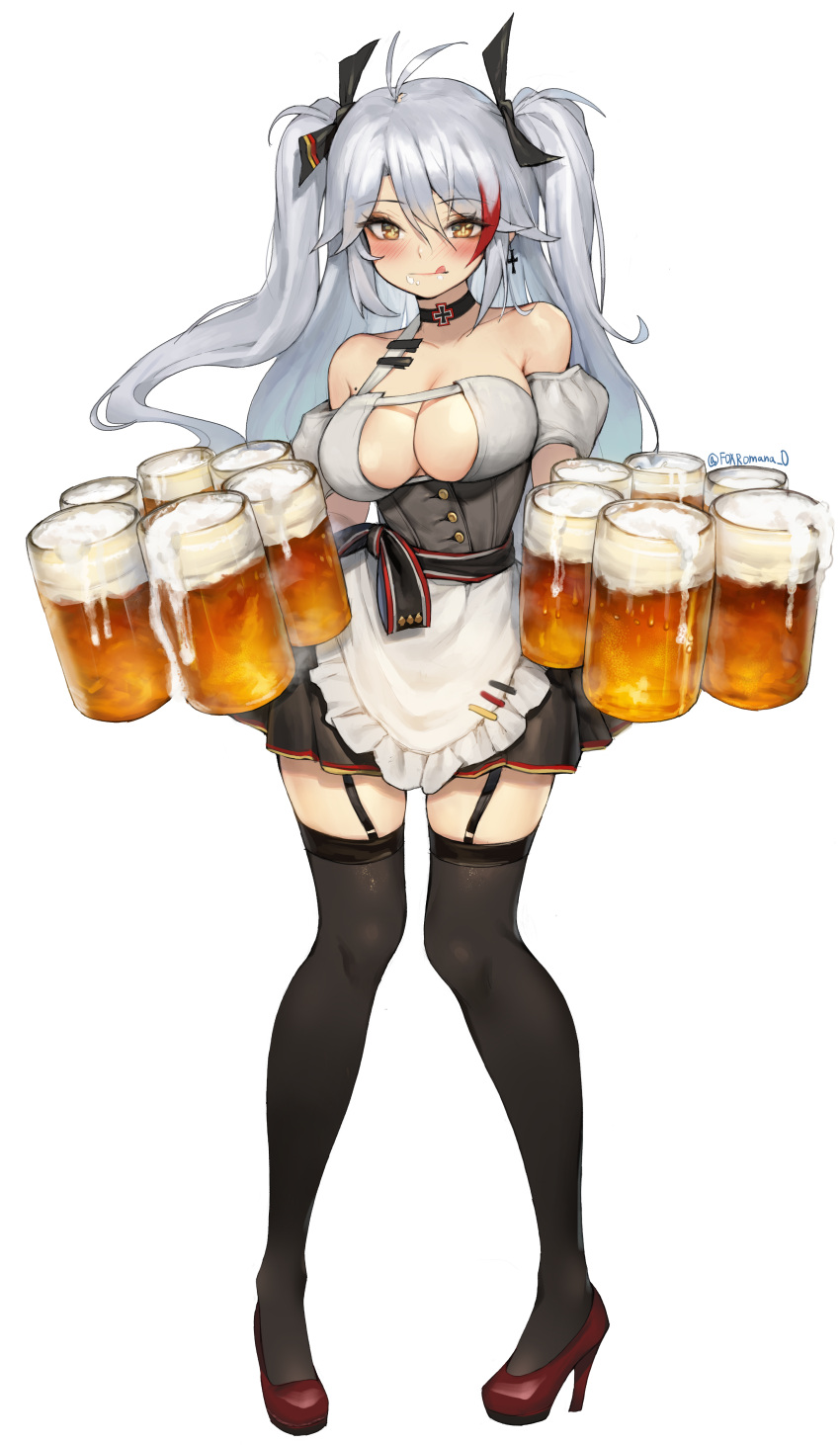 1girl absurdres apron azur_lane beer_mug black_legwear blush breasts brown_eyes choker cleavage commentary_request earrings eyebrows_visible_through_hair full_body garter_straps hair_between_eyes high_heels highres jewelry large_breasts long_hair mole mole_on_breast multicolored_hair oktoberfest pigeon-toed prinz_eugen_(azur_lane) romana silver_hair simple_background single_strap skirt solo standing streaked_hair thigh-highs tongue tongue_out two_side_up underbust waist_apron white_background zettai_ryouiki
