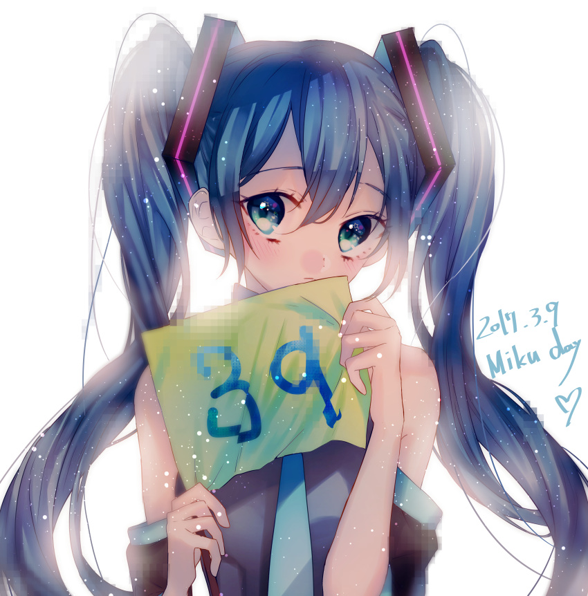 1girl 39 2017 absurdres backlighting bare_shoulders blue_eyes blue_hair blue_neckwear character_name dated detached_sleeves expressionless grey_shirt hatsune_miku heart highres holding holding_sign long_hair looking_away neckwear number shirt sign simple_background solo standing twintails ume_neko_(otaku-nyanko) upper_body very_long_hair vocaloid white_background