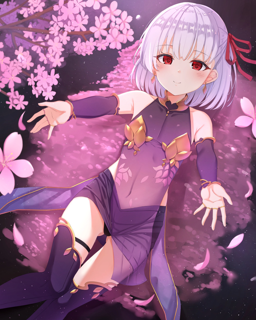 1girl absurdres ass_visible_through_thighs bangs bare_shoulders blush breasts cherry_blossoms closed_mouth collarbone commentary_request detached_sleeves dress earrings eyebrows_visible_through_hair fate/grand_order fate_(series) flower hair_between_eyes hair_ribbon highres jewelry kama_(fate/grand_order) looking_at_viewer lying navel on_back petals reaching_out red_eyes red_ribbon ribbon see-through short_hair silver_hair smile solo thigh-highs xue_lu