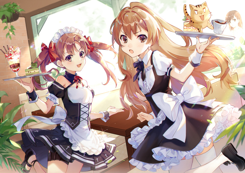 3girls aisaka_taiga alternate_costume blonde_hair bow brown_hair cake chinese_commentary coffee commentary_request crossover detached_collar dutch_angle ekita_xuan enmaided food hair_bow highres indoors long_hair looking_at_viewer maid maid_headdress mary_janes misaka_mikoto multiple_girls parfait shirai_kuroko shoes skindentation thigh-highs tiger tiger_cub to_aru_kagaku_no_railgun to_aru_majutsu_no_index toradora! tray twintails white_legwear wrist_cuffs