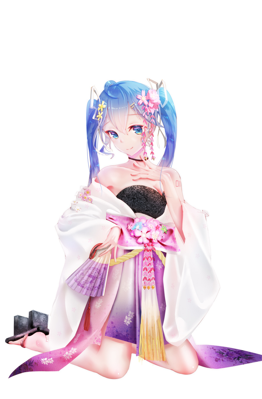 1girl absurdres blue_eyes blue_hair breasts choker cleavage collarbone floating_hair flower hair_between_eyes hair_flower hair_ornament hakama hakama_skirt hatsune_miku highres japanese_clothes kimono kneeling long_hair looking_at_viewer medium_breasts omone_hokoma_agm pink_flower print_hakama purple_hakama simple_background smile solo twintails very_long_hair vocaloid white_background white_kimono