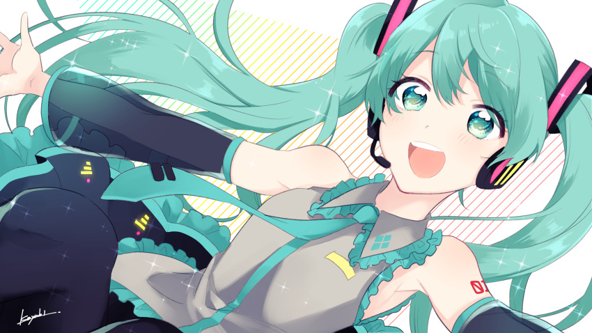 1girl :d armpits black_skirt blue_eyes blue_hair blue_neckwear breasts detached_sleeves dutch_angle eyebrows_visible_through_hair eyelashes floating_hair frilled_shirt_collar frilled_skirt frills grey_shirt hatsune_miku headset highres koyubi_right long_hair looking_away necktie number_tattoo open_mouth outstretched_arms round_teeth see-through shirt shoulder_tattoo signature simple_background skirt sleeveless sleeveless_shirt small_breasts smile solo sparkle striped striped_background tattoo teeth twintails upper_body upper_teeth vertical-striped_background vertical_stripes very_long_hair vocaloid white_background