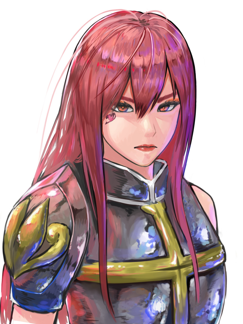1girl absurdres armor bangs brown_eyes erza_scarlet facial_mark fairy_tail fairy_tail_logo frown hair_between_eyes highres looking_at_viewer nado_(nrac4433) portrait red_lips redhead shoulder_armor sidelocks solo v-shaped_eyebrows white_background