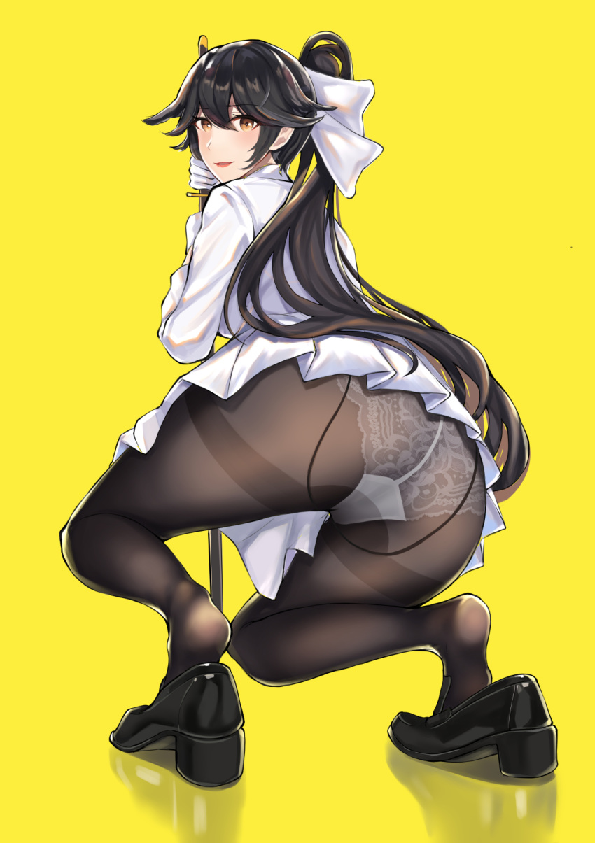 1girl :d ass azur_lane bangs black_footwear black_hair blush bow breasts commentary_request eyebrows_visible_through_hair eyelashes feet from_behind full_body hair_between_eyes hair_bow highres jacket katana lace lace_panties loafers long_hair long_sleeves looking_at_viewer looking_back open_mouth panties panties_under_pantyhose pantyhose ponytail ribbon sheath sheathed shoes sidelocks simple_background skirt smile soles solo squatting sword takao_(azur_lane) thighband_pantyhose underwear very_long_hair weapon white_bow white_jacket white_panties white_skirt yellow_background yellow_eyes yinyu_(nico)