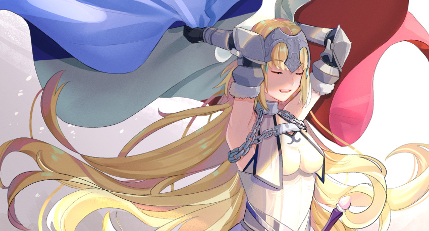 1girl :d absurdly_long_hair armpits arms_up black_gloves blonde_hair breasts chains closed_eyes elbow_gloves eyebrows_visible_through_hair fate/apocrypha fate_(series) flag floating_hair french_flag fur-trimmed_gloves fur_trim gina_61324 gloves highres holding holding_flag jeanne_d'arc_(fate) jeanne_d'arc_(fate)_(all) long_hair medium_breasts open_mouth shiny shiny_hair smile solo upper_body very_long_hair