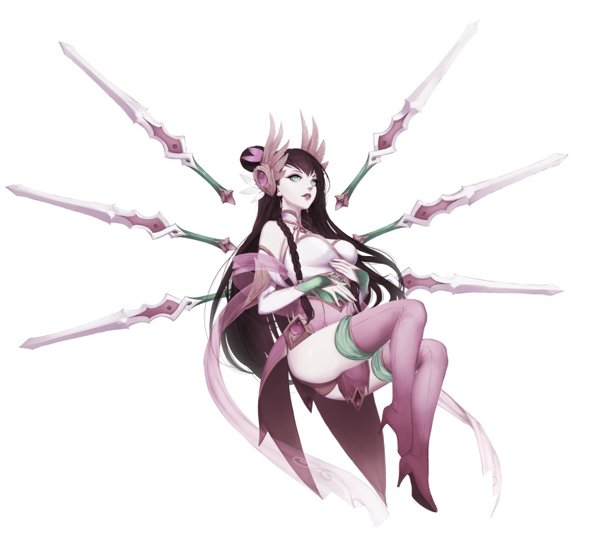 1girl armor ass bangs bare_shoulders black_hair blue_eyes boots breasts crossed_ankles detached_sleeves earrings feversea full_body hair_ornament head_wings high_heel_boots high_heels highres invisible_chair irelia jewelry large_breasts league_of_legends lips long_hair long_sleeves looking_at_viewer nail_polish pale_skin parted_lips pink_footwear pink_legwear shawl side_braids simple_background sitting solo sword thigh-highs thigh_boots very_long_hair weapon white_background