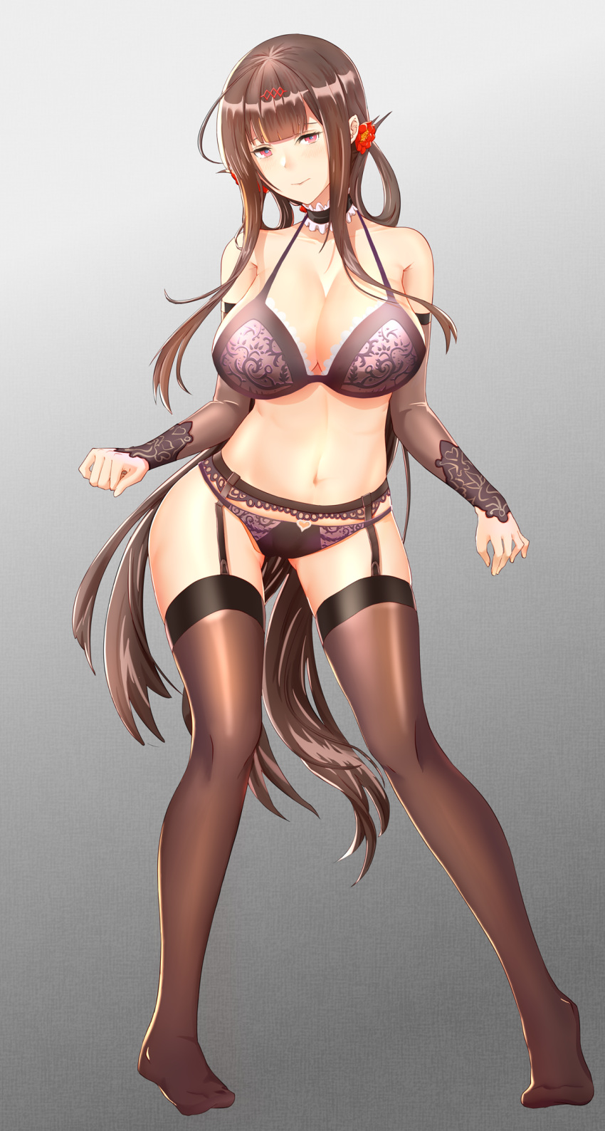 157197947 1girl ahoge alternate_hairstyle bangs blunt_bangs blush breasts brown_hair brown_legwear choker cleavage closed_mouth commentary_request detached_sleeves dsr-50_(girls_frontline) flower garter_belt garter_straps girls_frontline gluteal_fold groin hair_flower hair_ornament hair_rings highres large_breasts long_hair looking_at_viewer navel red_eyes sidelocks smile solo standing stomach thigh-highs underwear underwear_only very_long_hair