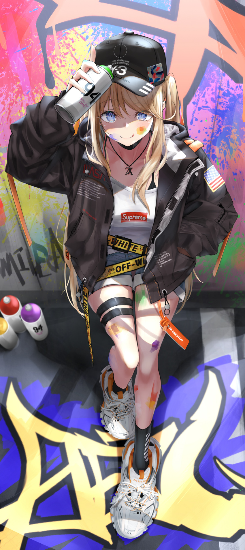 1girl :q absurdres arm_up bangs baseball_cap black_jacket blonde_hair blue_eyes blush breasts can clothes_writing collarbone denim denim_shorts full_body graffiti hand_in_pocket hat highres holding holding_can jacket jewelry long_hair looking_at_viewer mirea necklace open_clothes open_jacket original paint_splatter shirt shoes short_shorts shorts sitting smile sneakers socks solo thigh_strap tongue tongue_out white_shirt