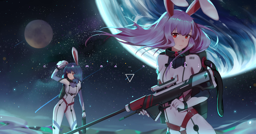 2girls absurdres alternate_costume animal_ears arm_up bangs blue_hair bodysuit breasts commentary_request covered_navel feet_out_of_frame floating_hair gun highres holding holding_weapon looking_at_viewer low_twintails medium_breasts moon multiple_girls planet purple_hair rabbit_ears red_eyes reisen_udongein_inaba rifle seiran_(touhou) short_hair sky small_breasts space standing star_(sky) starry_sky thighs touhou twintails upper_body weapon white_bodysuit wrist_cuffs xtears_kitsune