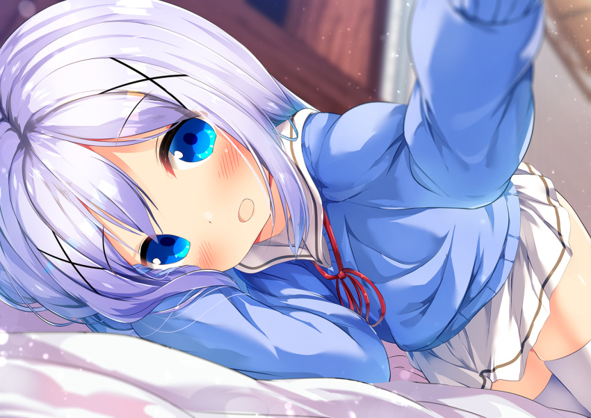 1girl :d bangs bed_sheet blue_eyes blue_hair blue_sweater blurry blurry_background blurry_foreground blush chinomaron commentary_request depth_of_field eyebrows_visible_through_hair gochuumon_wa_usagi_desu_ka? hair_between_eyes hoto_cocoa's_school_uniform indoors kafuu_chino long_hair long_sleeves lying neck_ribbon on_side open_mouth pleated_skirt red_ribbon ribbon sailor_collar school_uniform serafuku skirt smile solo sweater thigh-highs white_legwear white_sailor_collar white_skirt