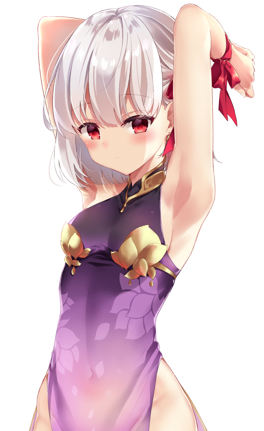1girl absurdres armpits arms_up bangs bare_arms bare_shoulders blush bound bound_wrists bow breasts commentary_request dress eyebrows_visible_through_hair fate/grand_order fate_(series) hair_between_eyes hair_bow highres kama_(fate/grand_order) kisaragi_yuri looking_at_viewer purple_dress red_bow red_eyes silver_hair simple_background sleeveless sleeveless_dress small_breasts solo upper_body white_background