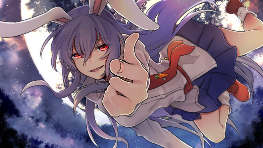 1girl :d animal_ears blue_skirt bunny_girl finger_gun floating full_moon hair_between_eyes highres iokibe long_hair moon necktie night night_sky open_mouth outdoors pleated_skirt pointing pointing_at_viewer purple_hair rabbit_ears red_eyes red_neckwear reisen_udongein_inaba shirt skirt sky smile solo star_(sky) starry_sky touhou very_long_hair white_shirt