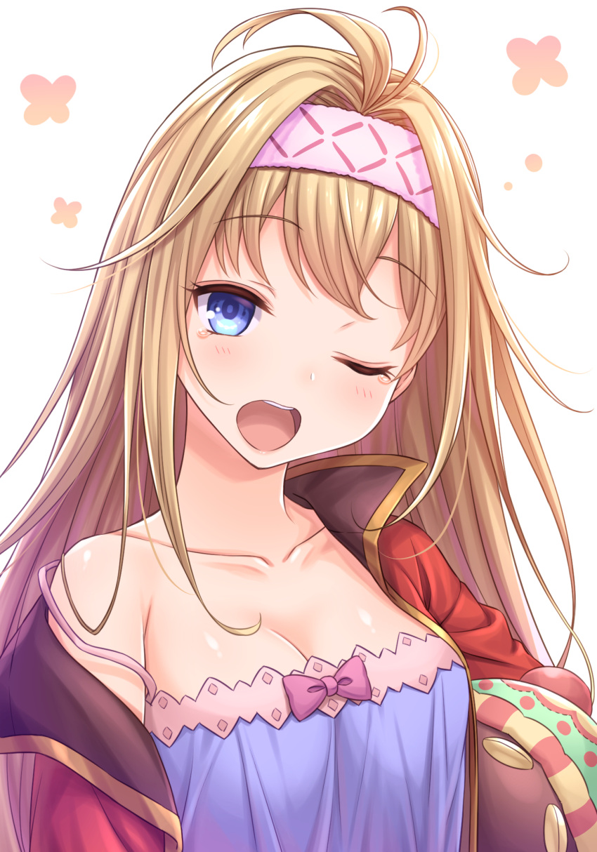 1girl blonde_hair blue_camisole blue_eyes blush camisole carrying_under_arm collarbone commentary_request granblue_fantasy hair_intakes hairband head_tilt highres jacket jeanne_d'arc_(granblue_fantasy) long_hair one_eye_closed open_clothes open_jacket open_mouth pink_hairband red_jacket round_teeth simple_background solo strap_slip stuffed_animal stuffed_toy tears teeth tomo_(user_hes4085) upper_body upper_teeth white_background yawning