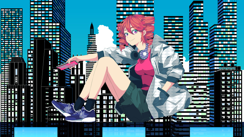 1girl absurdres black_legwear building casual cityscape clouds commentary_request full_body hand_in_pocket headphones headphones_around_neck highres holding holding_phone jacket kasane_teto knees_up ktdch looking_to_the_side phone red_eyes red_shirt redhead shirt shoes shorts sitting sky skyscraper smile sneakers solo utau