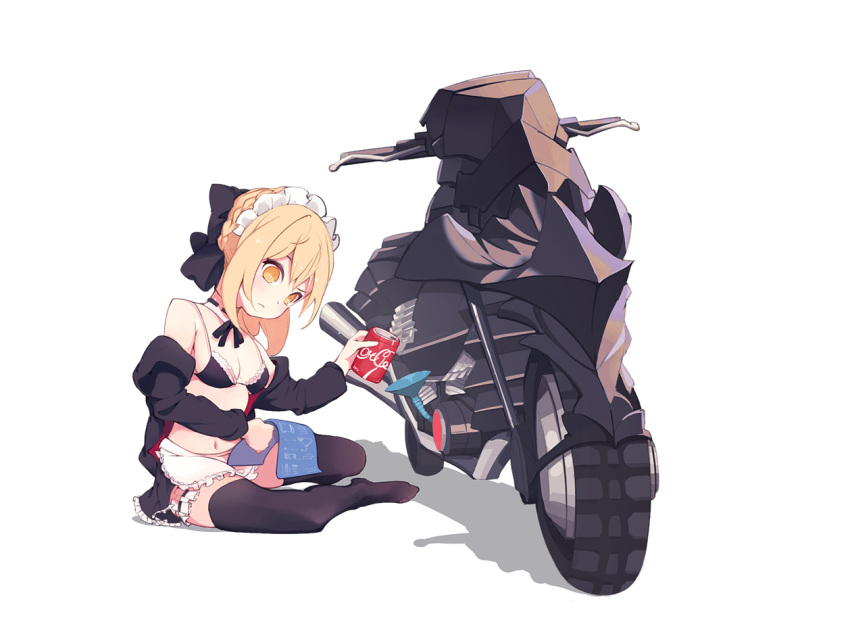 1girl artoria_pendragon_(all) artoria_pendragon_(swimsuit_rider_alter) bangs bare_shoulders bikini black_bikini black_jacket black_legwear braid breasts can cleavage closed_mouth crown_braid fate/grand_order fate_(series) french_braid funnel ground_vehicle head_tilt holding holding_can jacket looking_down maid_headdress medium_breasts motor_vehicle motorcycle navel off_shoulder open_clothes open_jacket ribbon_trim shadow short_hair sitting soar solo swimsuit thigh-highs yellow_eyes