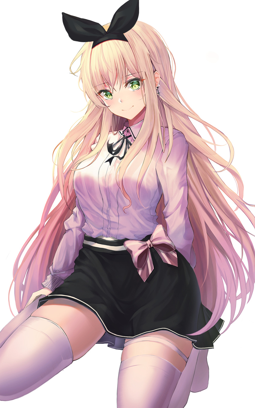 1girl black_neckwear black_skirt blonde_hair bow breasts closed_mouth collared_shirt commentary_request cross cross_earrings earrings green_eyes hairband head_tilt highres jewelry kneeling long_hair long_sleeves looking_at_viewer medium_breasts miniskirt neck_ribbon no_shoes original pink_bow ribbon runa_(user_guwn7382) shirt shirt_tucked_in sidelocks simple_background skindentation skirt smile solo thigh-highs thigh_strap very_long_hair white_background white_legwear white_shirt zettai_ryouiki
