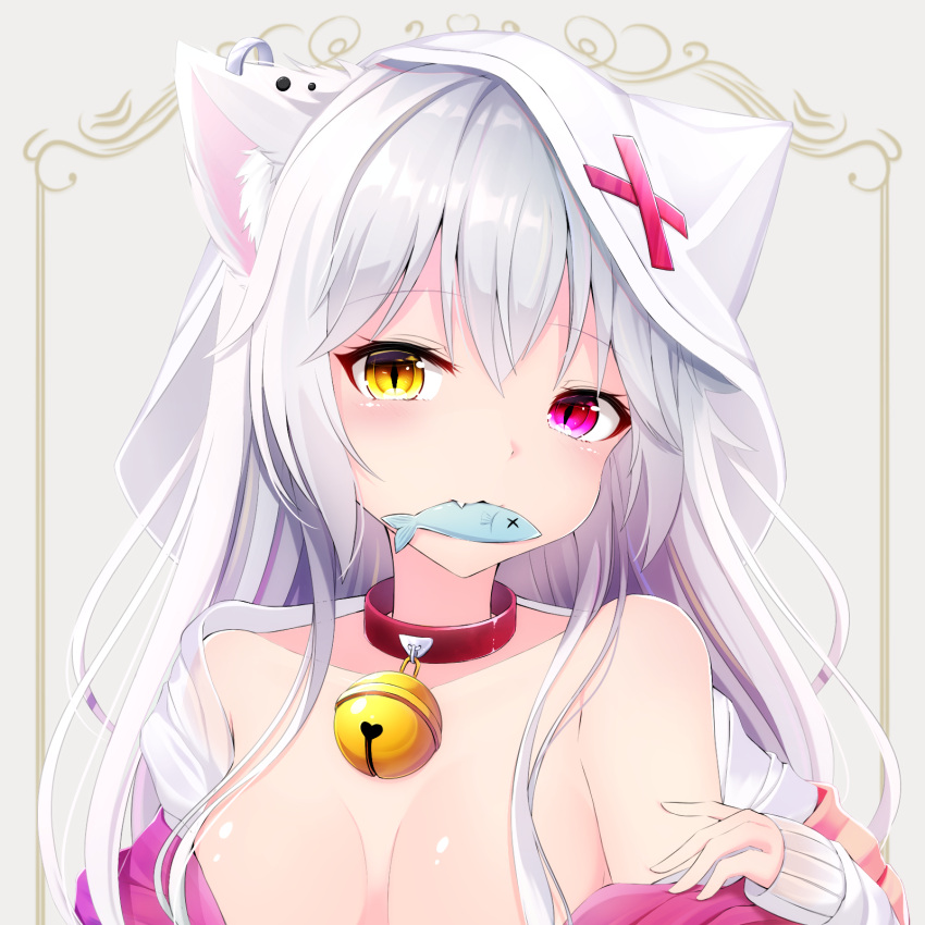 1girl animal animal_ear_fluff animal_ears animal_hood bangs bare_shoulders bell bell_collar blush breasts cat_ears cat_hood collar collarbone commentary_request ear_piercing eyebrows_visible_through_hair fish food_in_mouth hair_between_eyes hair_ornament hand_up head_tilt heterochromia highres hood hood_up jingle_bell long_hair long_sleeves looking_at_viewer medium_breasts nya_rl off_shoulder open_clothes open_shirt original out-of-frame_censoring piercing red_collar shirt silver_hair sleeves_past_wrists slit_pupils solo upper_body violet_eyes white_shirt x_hair_ornament x_x yellow_eyes