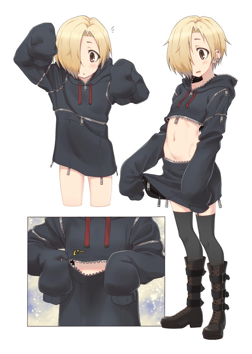 1girl :o absurdres alternate_costume arms_up black_legwear blonde_hair blush boots brown_eyes commentary_request cropped_legs cross-laced_footwear drawstring ear_piercing full_body hair_over_one_eye highres hood hood_down hoodie idolmaster idolmaster_cinderella_girls knee_boots midiman multiple_views navel open_mouth partially_unzipped piercing shirasaka_koume short_hair simple_background sleeves_past_fingers sleeves_past_wrists smile thigh-highs unzipped unzipping white_background zipper zipper_pull_tab