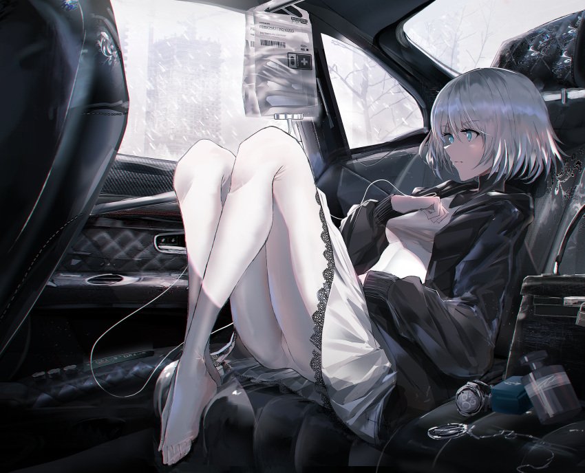 1girl bangs black_jacket blood blood_bag blue_eyes bottle breasts building car car_interior clouds cloudy_sky dress eyebrows_visible_through_hair full_body ground_vehicle hair_between_eyes highres interior intravenous_drip jacket knees_up lace lace-trimmed_dress long_sleeves looking_away medium_breasts motor_vehicle no_shoes open_clothes open_jacket original overcast panties panties_under_pantyhose pantyhose reclining short_hair silver_hair sky skyscraper snowing solo swav underwear v-shaped_eyebrows watch white_dress white_legwear