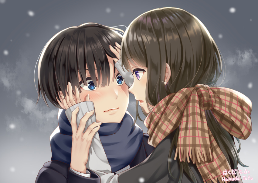 1boy 1girl artist_name bangs black_jacket blue_eyes blue_scarf blush brown_hair brown_scarf commentary_request eye_contact eyebrows_visible_through_hair fingernails fringe_trim grey_sweater hair_between_eyes hakuda_tofu hands_on_another's_face jacket long_hair long_sleeves looking_at_another original plaid plaid_scarf profile scarf short_over_long_sleeves short_sleeves signature sleeves_past_wrists snowing sweater upper_body violet_eyes winter