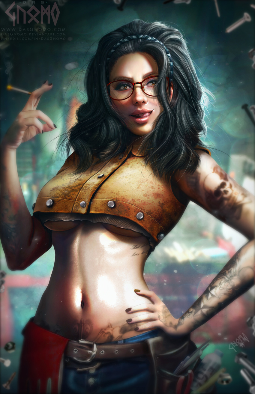 1girl belt black_hair black_nails blurry blurry_background braid breasts brown_eyes cigarette cleavage crop_top denim denim_shorts depth_of_field devil_may_cry devil_may_cry_5 dirty_clothes freckles glasses gnomo_del_bosque hand_on_hip highres lips medium_hair nail_polish navel nico_(devil_may_cry) nose red-framed_eyewear screw short_shorts shorts smile solo stomach tattoo tools under_boob undershirt utility_belt