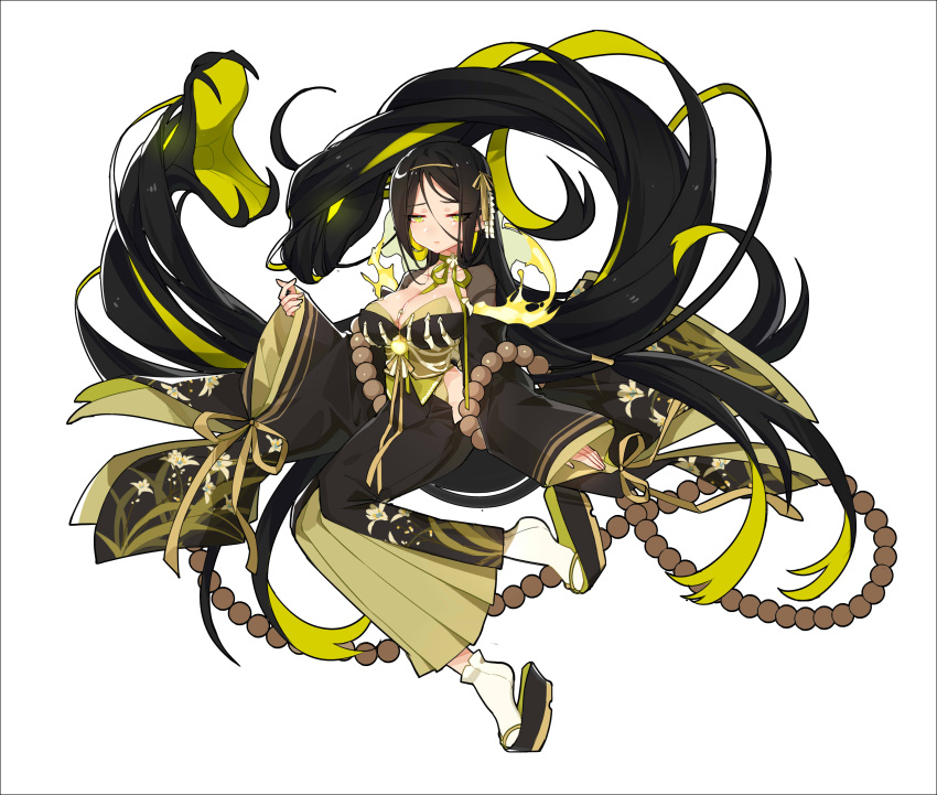 1girl absurdres black_hair breasts cleavage earrings floral_print full_body hair_ribbon highres ibex jewelry large_breasts long_hair long_sleeves looking_at_viewer original ribbon side_cutout simple_background snake solo very_long_hair white_background white_legwear wide_sleeves yellow_earrings yellow_eyes