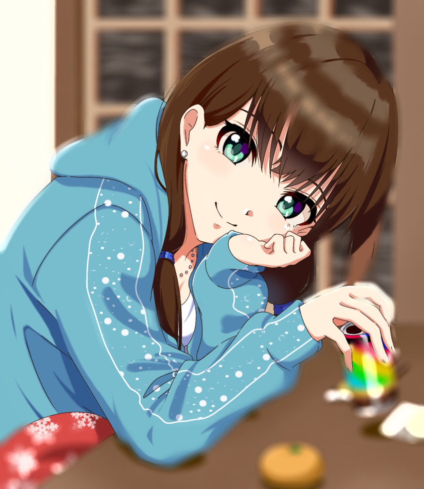 1girl blurry blurry_background blurry_foreground brown_hair can chin_rest earrings green_eyes hair_over_shoulder highres holding holding_can hood hood_down hooded_sweater idolmaster idolmaster_cinderella_girls jewelry kotatsu long_hair long_sleeves looking_at_viewer necklace shibuya_rin shiki_(0802makimari) shirt sitting smile snowflake_print solo sweater table under_kotatsu under_table white_shirt