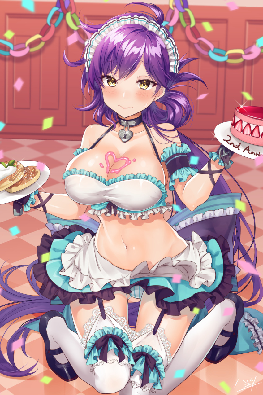 1girl 3: apron arm_garter bandeau bare_shoulders black_choker black_footwear blurry blush breasts cake checkered checkered_floor choker cleavage closed_mouth collarbone commentary_request confetti crop_top depth_of_field embarrassed food frilled_skirt frills garter_straps glint gluteal_fold groin hair_rings halter_top halterneck haruyuki_14 heart highres holding holding_plate houchi_shoujo large_breasts lock long_hair looking_at_viewer low_ponytail maid maid_apron maid_headdress mary_janes midriff navel padlock pancake panties plate purple_hair reflection shoes signature skirt sleeveless solo stomach striped striped_panties sweat taut_clothes thigh-highs underwear very_long_hair waist_apron white_legwear wrist_cuffs yellow_eyes