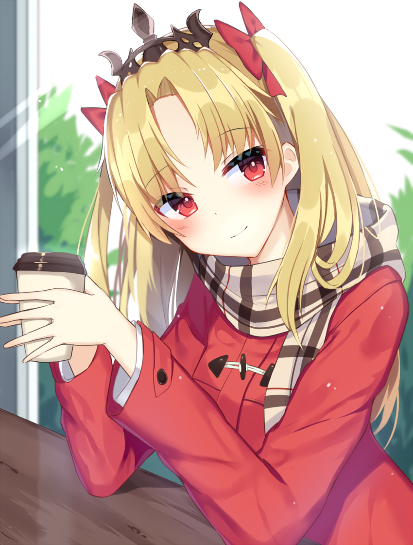 1girl bangs blonde_hair blush brown_scarf closed_mouth coat cup day disposable_cup duffel_coat ereshkigal_(fate/grand_order) fate/grand_order fate_(series) hair_ribbon hands_up head_tilt highres holding holding_cup light_particles long_hair long_sleeves looking_at_viewer mizuki_ryuu parted_bangs plaid plaid_scarf red_coat red_eyes red_ribbon ribbon scarf shirt sidelocks smile solo tiara two_side_up upper_body white_shirt